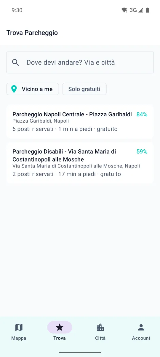Schermata Trova Parcheggio dell'app Android: due parcheggi riservati vicino a Piazza Garibaldi, Napoli.