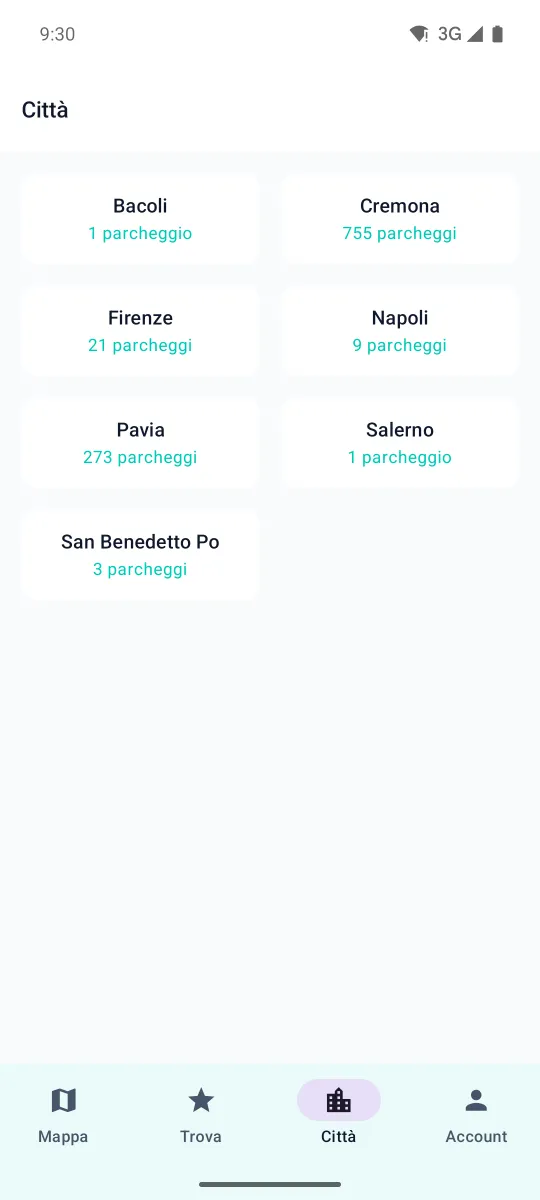 Schermata dell'app: elenco dei Comuni coperti con il numero di posti