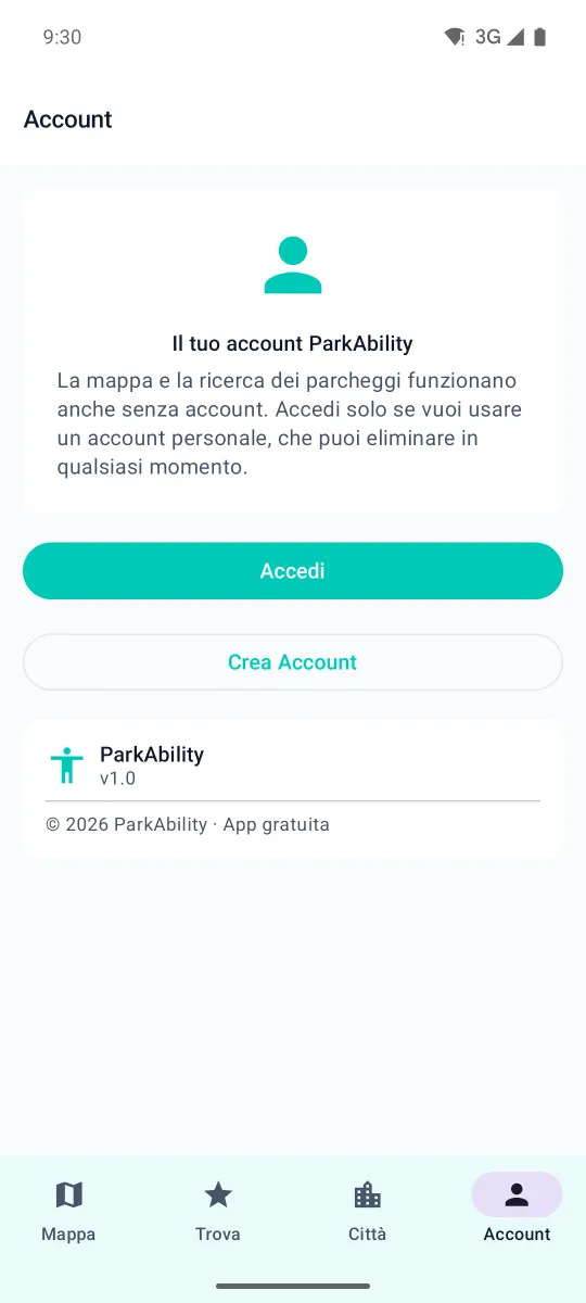 Schermata dell'app: area account